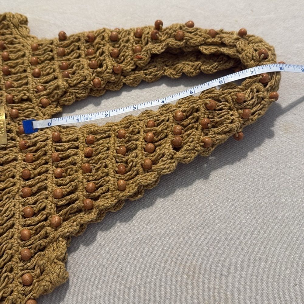 Aava Khaki Brown Beaded Open Knit Crochet Double Handle Market Beach Boho Tote - Picture 11 of 12